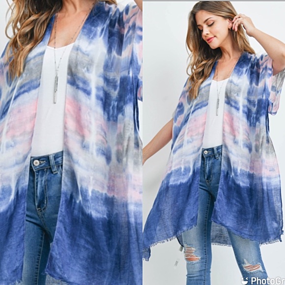 Boho Tie Dye Swim Coverup Kimono Wrap O/S - Picture 2 of 5